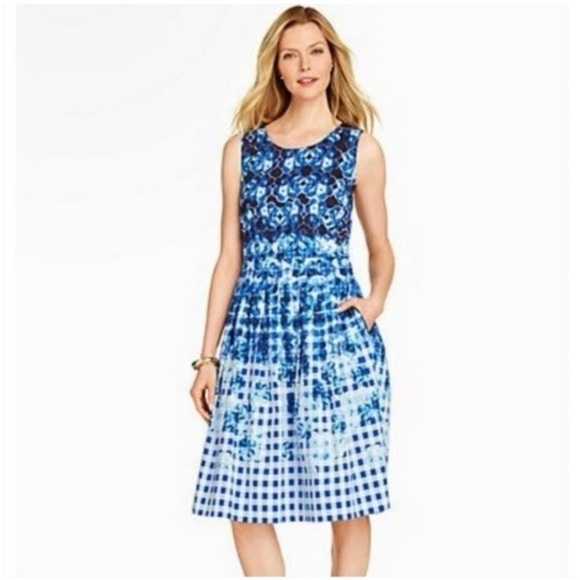 Talbots Blue Ombre Gingham Floral Sleeveless Dress Size 6 Fit & Flare Cotton - Picture 1 of 6